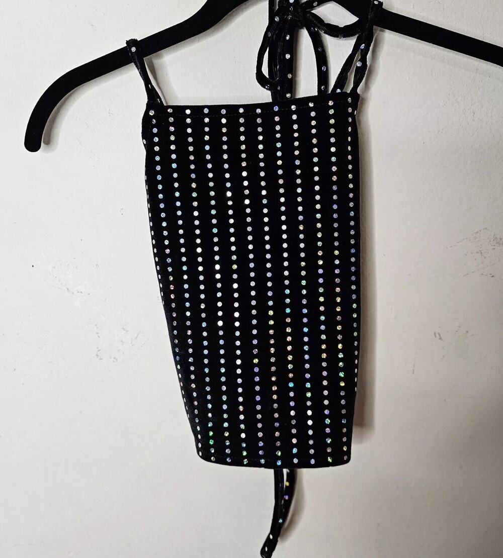 NWT Subdued Black Velour Silver Metallic Polka Dot Strappy VBack Crop Top 0